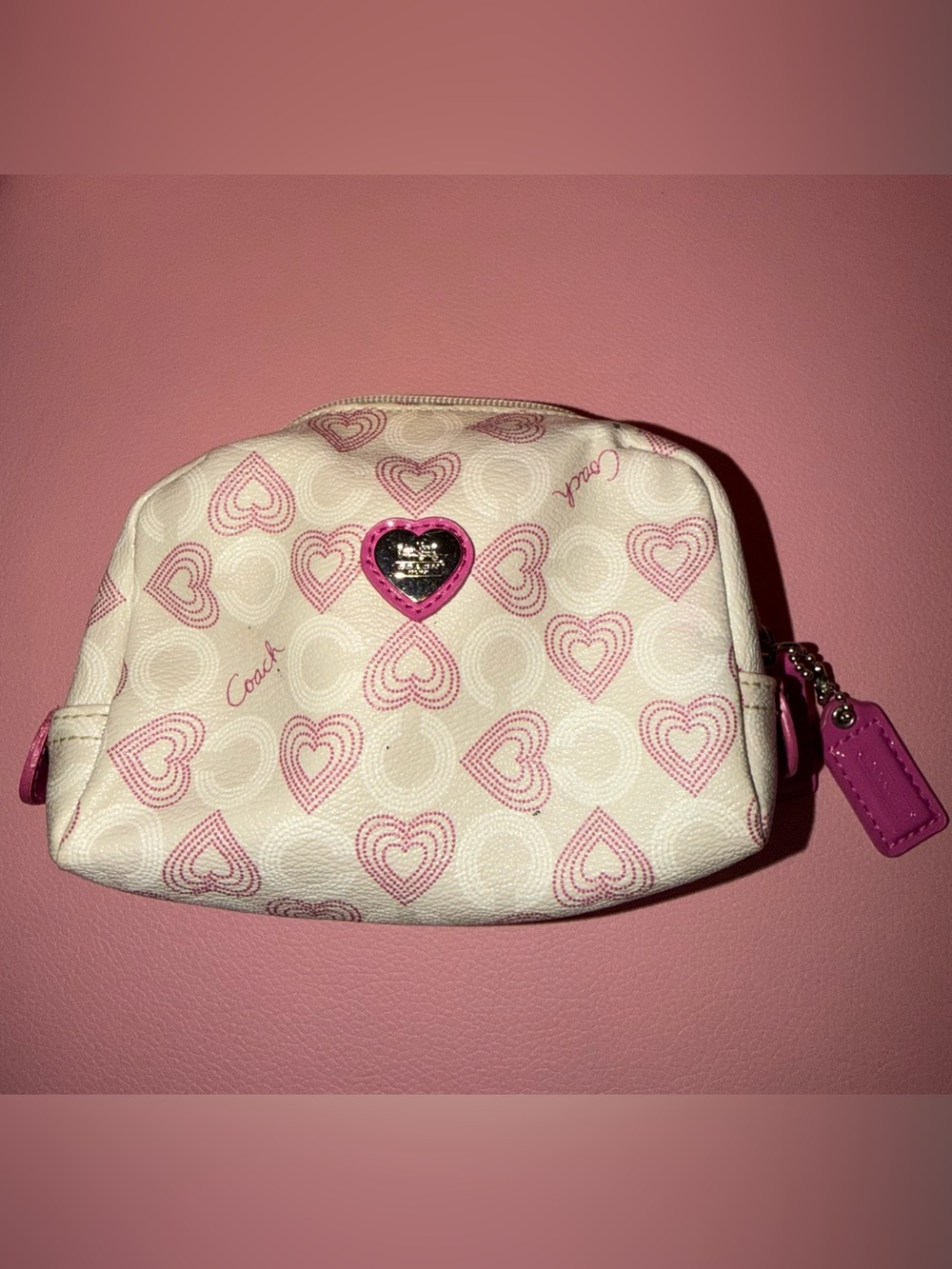 Coach White and Pink Waverly Hearts Small Cosmetic Pouch